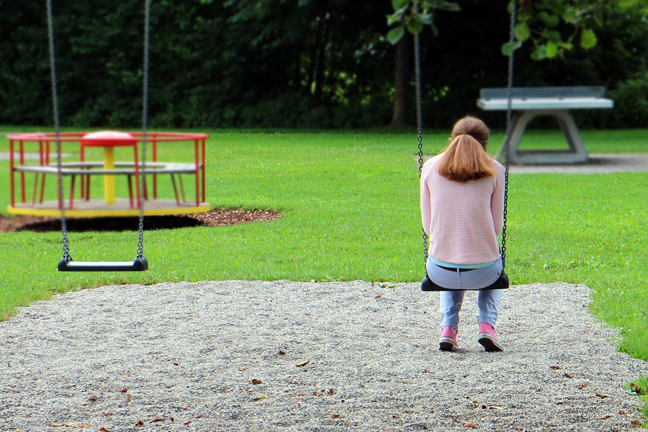 person, woman, girl, alone, individually, playground, swing, mood, emotion, lonely, sad girl, sad, dejected